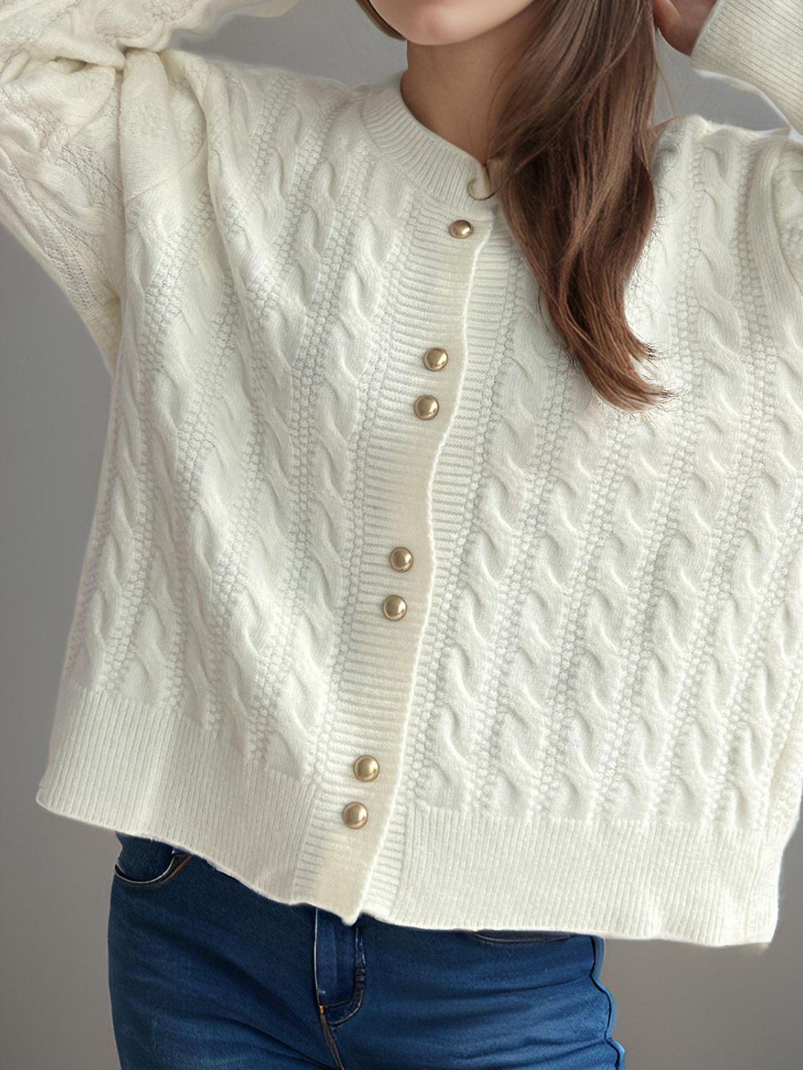 Cable-Knit Round Neck Long Sleeve Cardigan - Sydney So Sweet