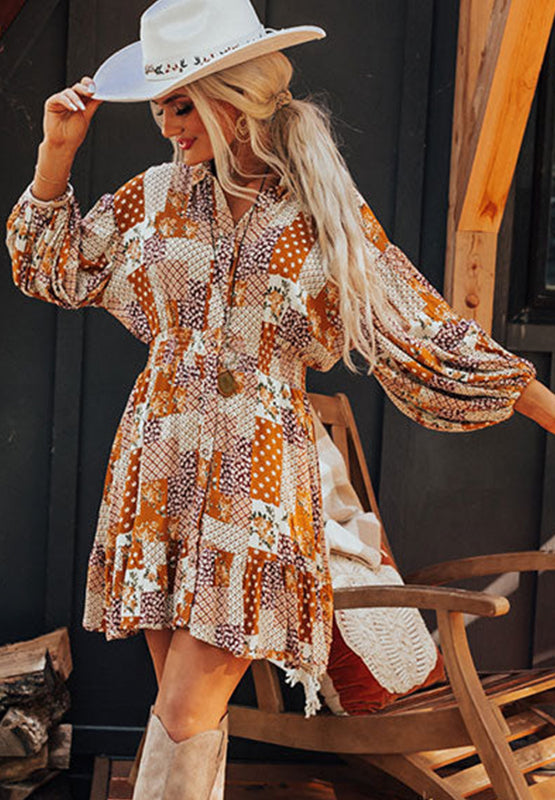 Printed Collared Neck Three-Quarter Sleeve Mini Shirt Dress - Sydney So Sweet