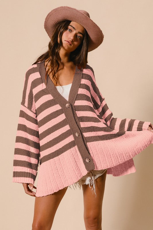 BiBi Slit Striped V-Neck Button Up Cardigan - Sydney So Sweet