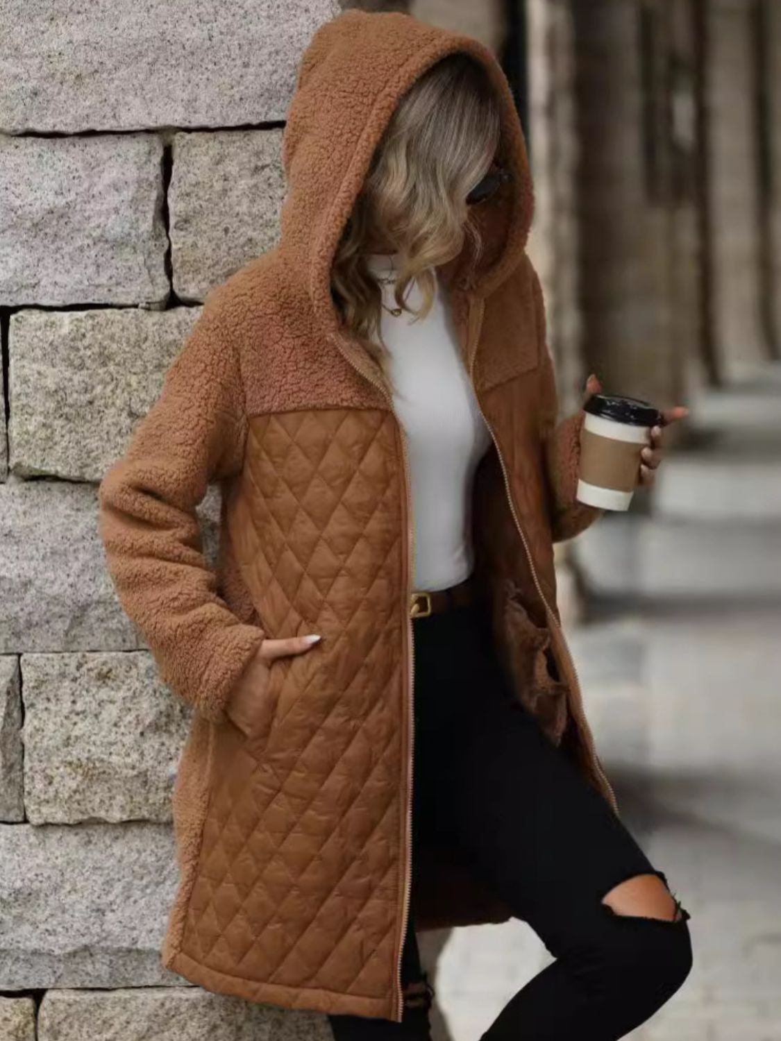 Texture Zip Up Long Sleeve Hooded Coat - Sydney So Sweet