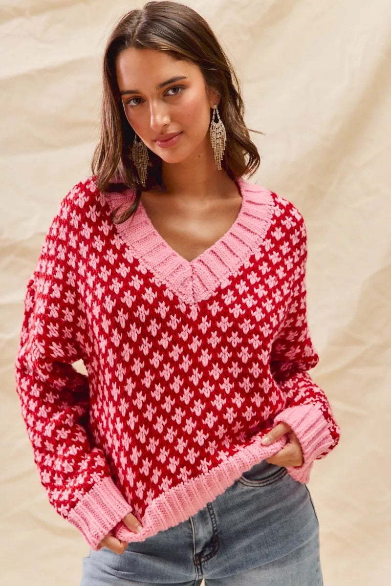 SO ME Color Block Textured Christmas Sweater V Neck Top - Sydney So Sweet