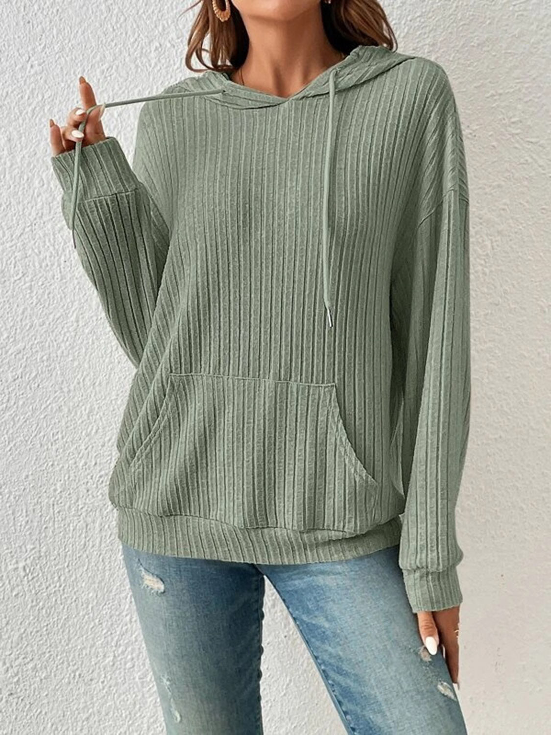 Ribbed Dropped Shoulder Drawstring Hoodie - Sydney So Sweet