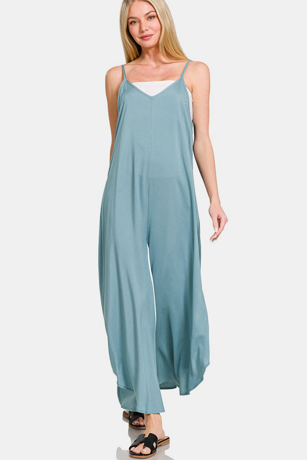 Zenana Spaghetti Strap Wide Leg Overalls with Pockets - Sydney So Sweet