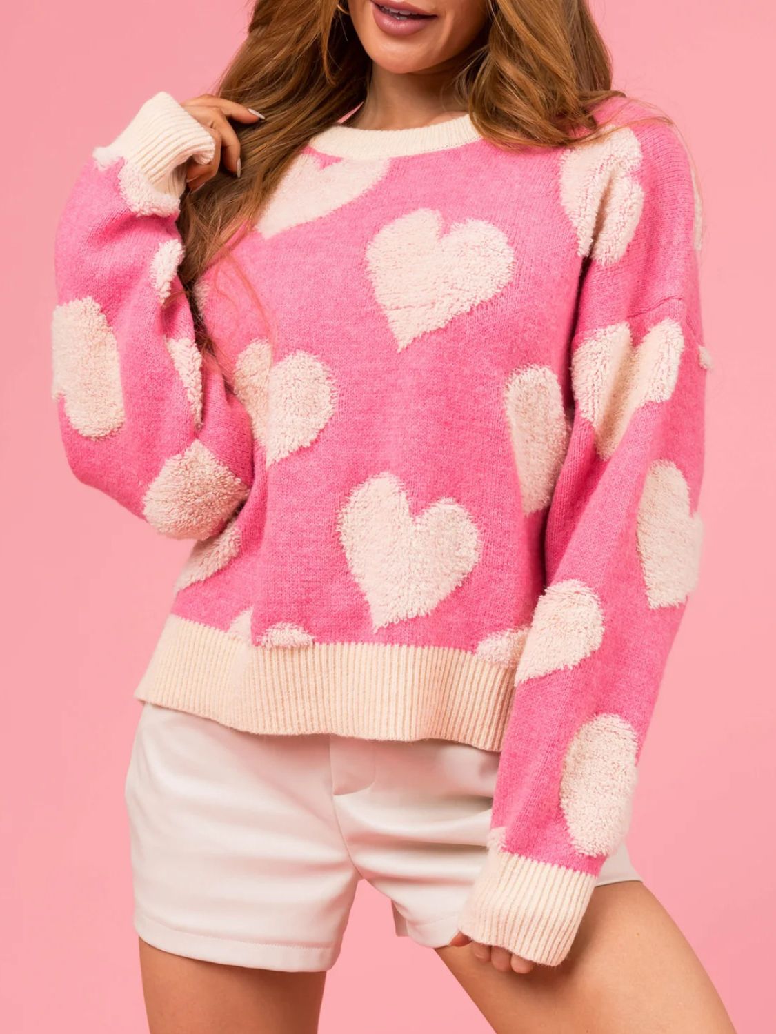 Valentine’s Day Fuzzy Heart Round Neck Long Sleeve Sweater - Sydney So Sweet