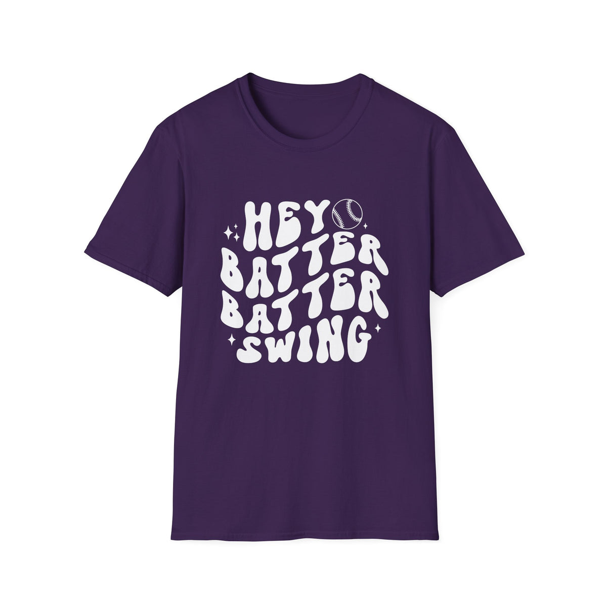 Hey Batter Batter Swing Baseball or Softball Retro Font Graphic T-Shirt Sports Tee (12 Team Colors)