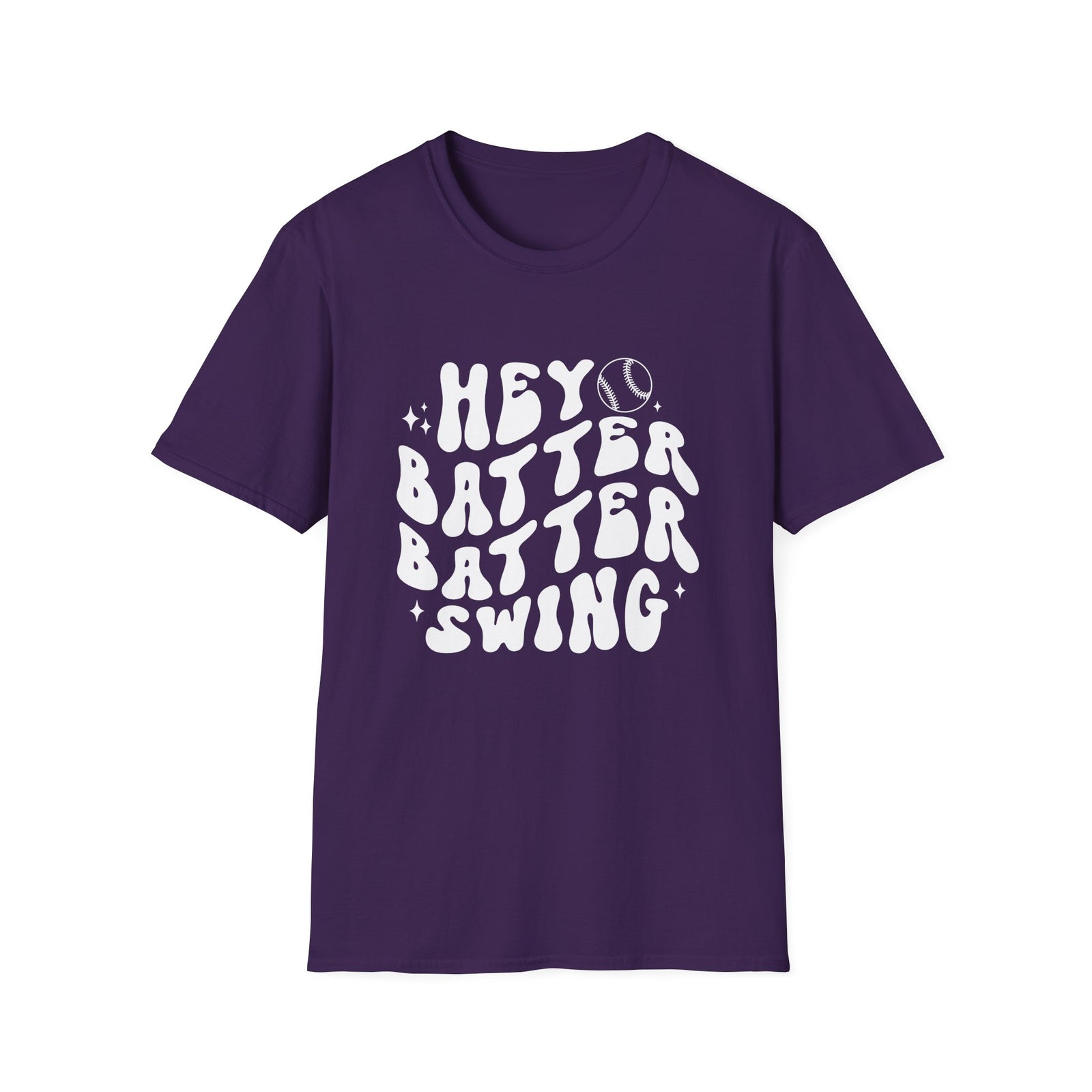 Hey Batter Batter Swing Baseball or Softball Retro Font Graphic T-Shirt Sports Tee (12 Team Colors)