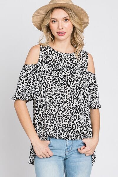 Heimish Full Size Leopard Round Neck Cold Shoulder T-Shirt Plus Size - Sydney So Sweet