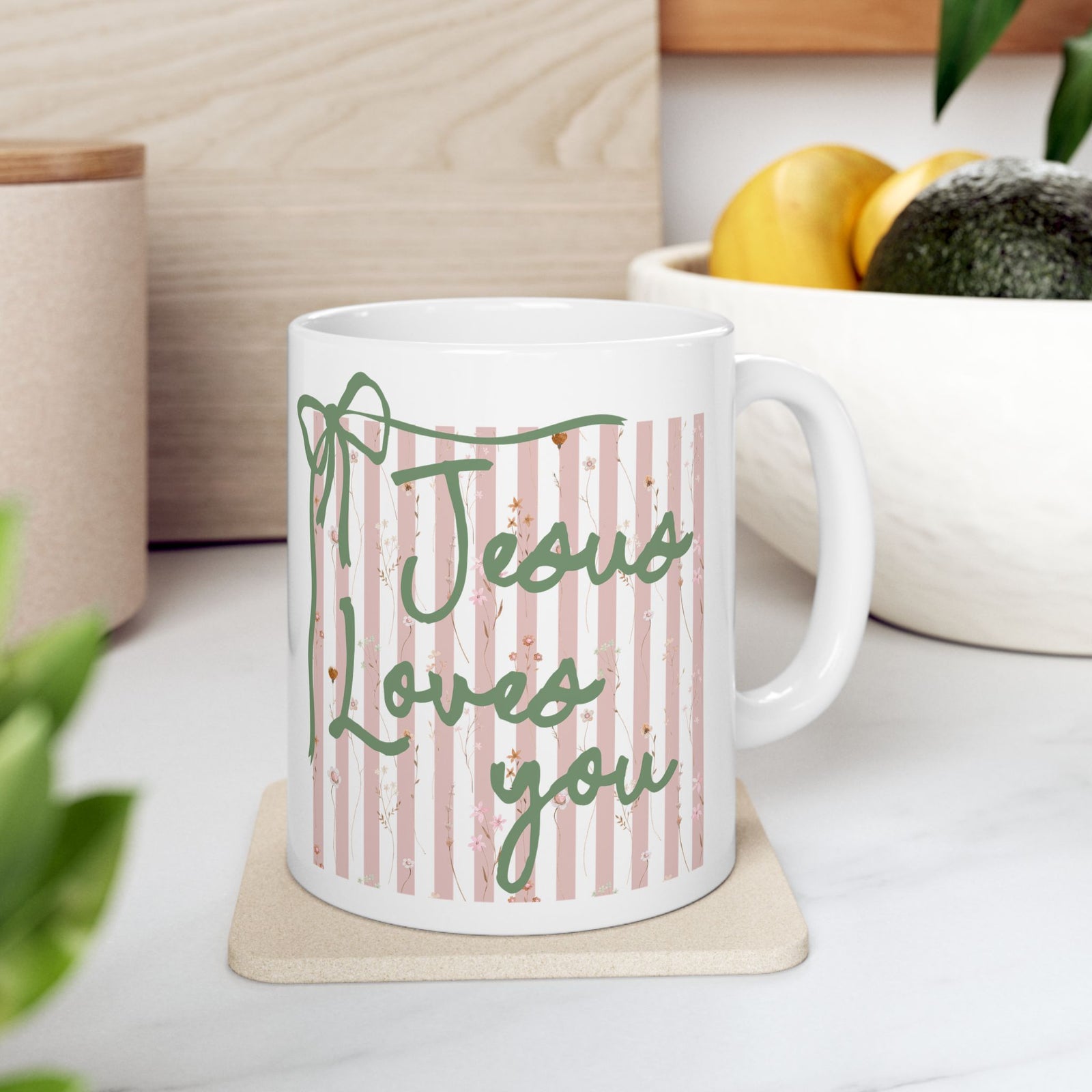 Jesus Loves You Pink Stripe Inspirational Ceramic Mug Coffee Cup (11oz & 15oz)