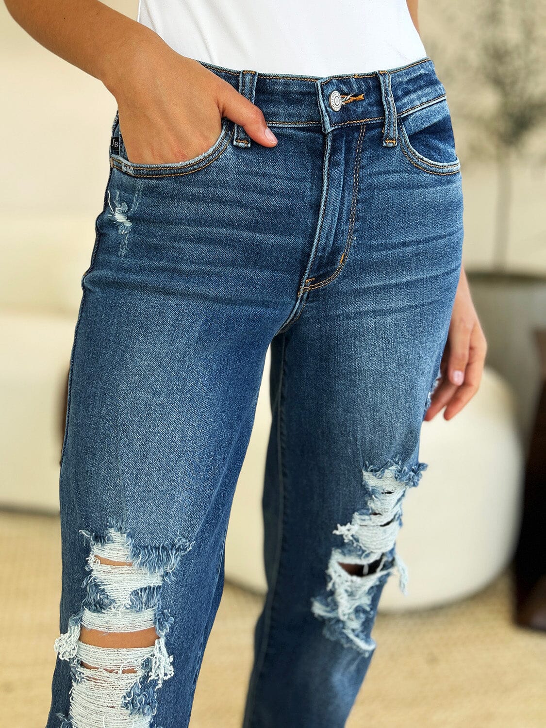 Judy Blue Full Size Mid Rise Distressed Raw Hem Jeans - Sydney So Sweet