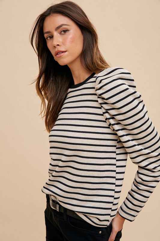 Annie Wear Striped Round Neck Puff Sleeve French Terry Top - Sydney So Sweet