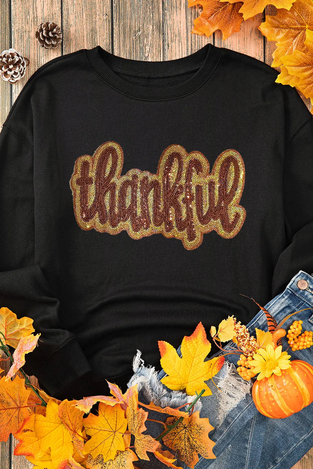 THANKFUL Round Neck Long Sleeve Sweatshirt - Sydney So Sweet