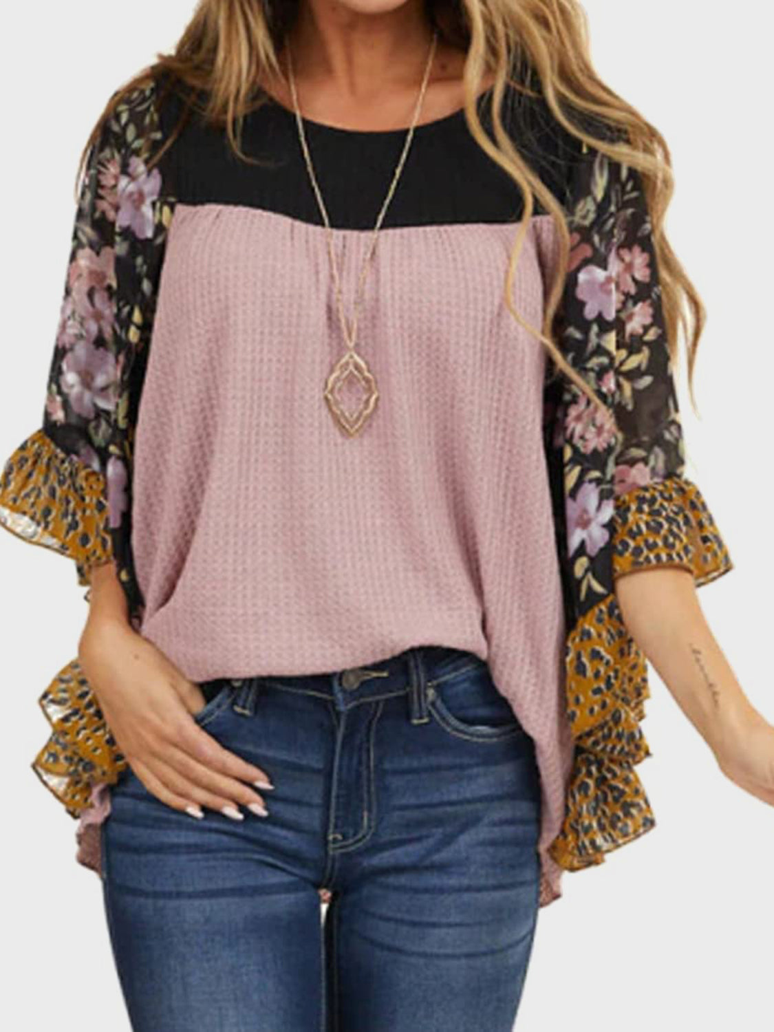 Full Size Printed Round Neck Three-Quarter Sleeve Blouse - Sydney So Sweet