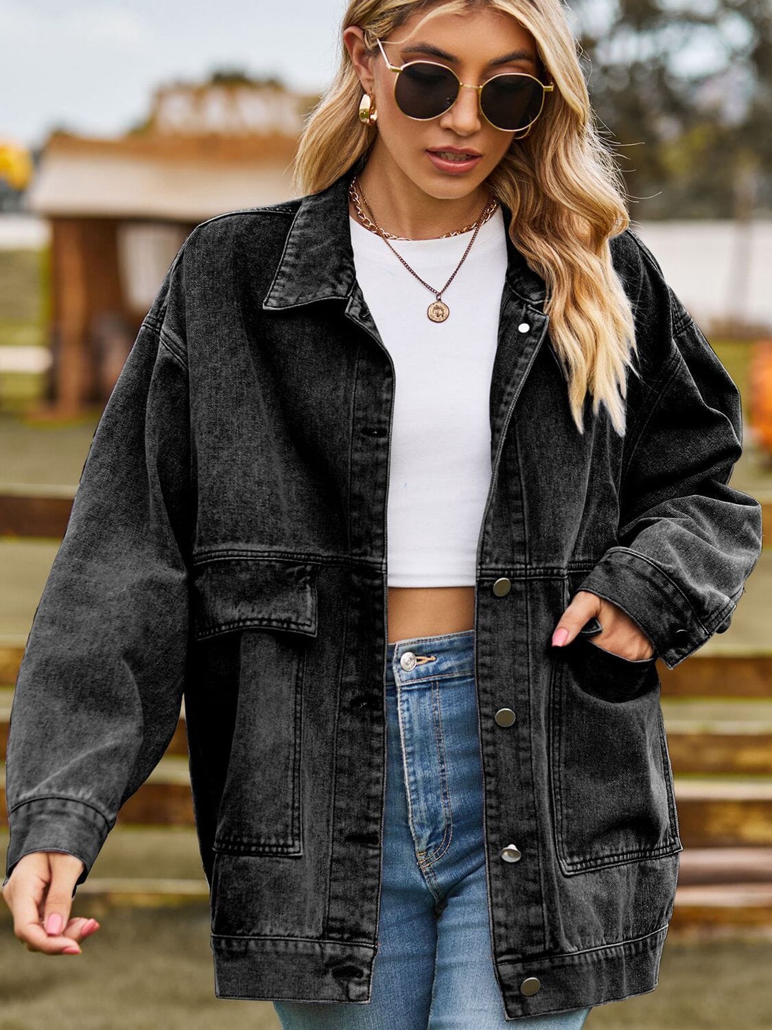 Dropped Shoulder Denim Jacket with Pockets - Sydney So Sweet