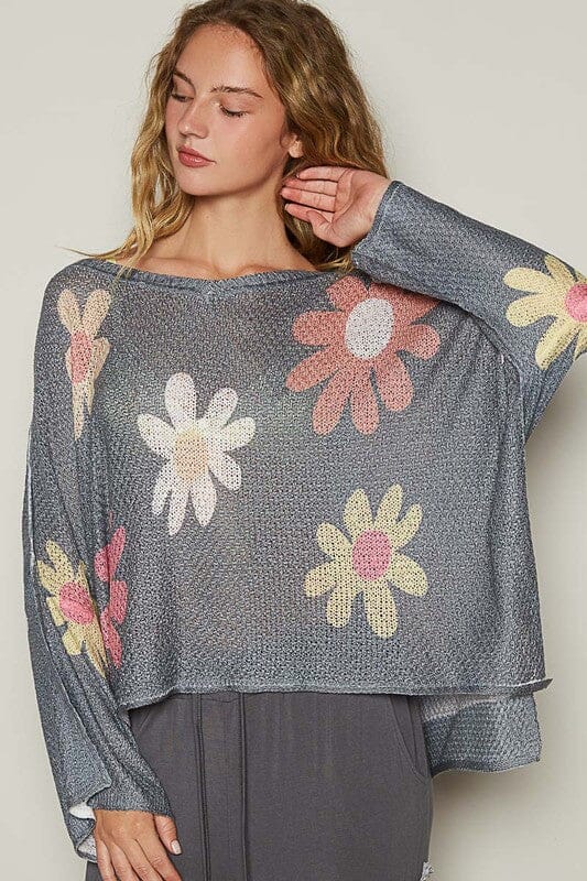 POL Flower Dropped Shoulder Long Sleeve Knit Top - Sydney So Sweet