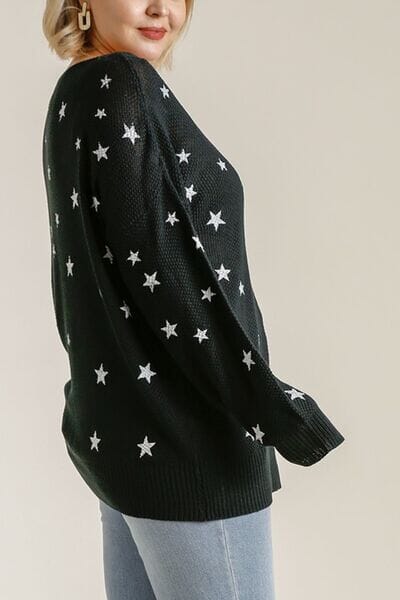 Umgee Full Size Star V-Neck Long Sleeve Sweater Plus Size - Sydney So Sweet