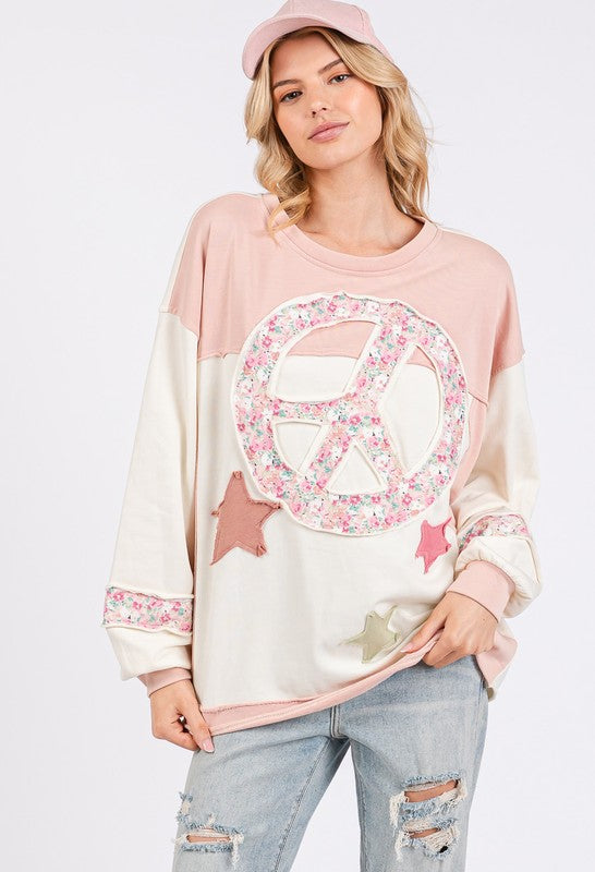 SAGE + FIG Peace & Star Patch Contrast Round Neck Sweatshirt - Sydney So Sweet