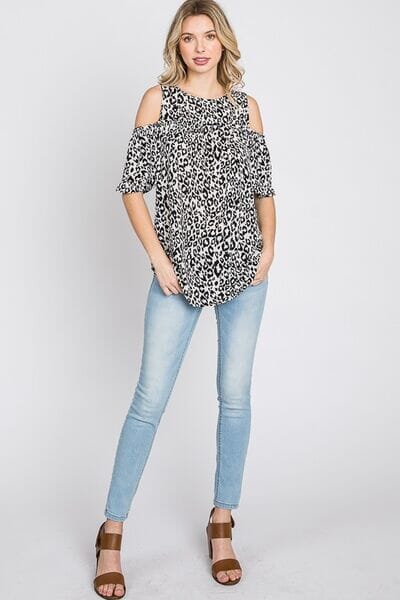 Heimish Full Size Leopard Round Neck Cold Shoulder T-Shirt Plus Size - Sydney So Sweet
