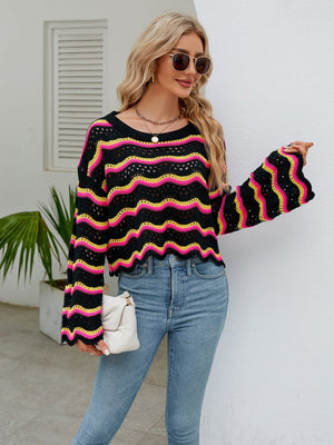 Round Neck Openwork Flare Sleeve Knit Top - Sydney So Sweet