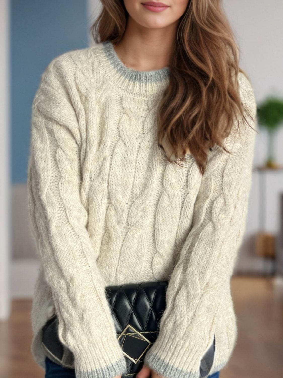 Cable Knit Round Neck Long Sleeve Sweater - Sydney So Sweet