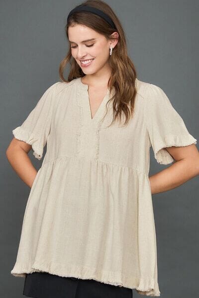 Umgee Full Size Raw Hem Notched Babydoll Linen Blouse Plus Size - Sydney So Sweet
