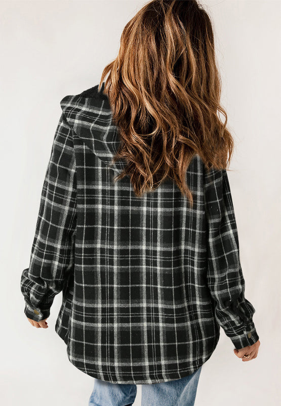 Plaid Button Up Long Sleeve Hooded Jacket - Sydney So Sweet