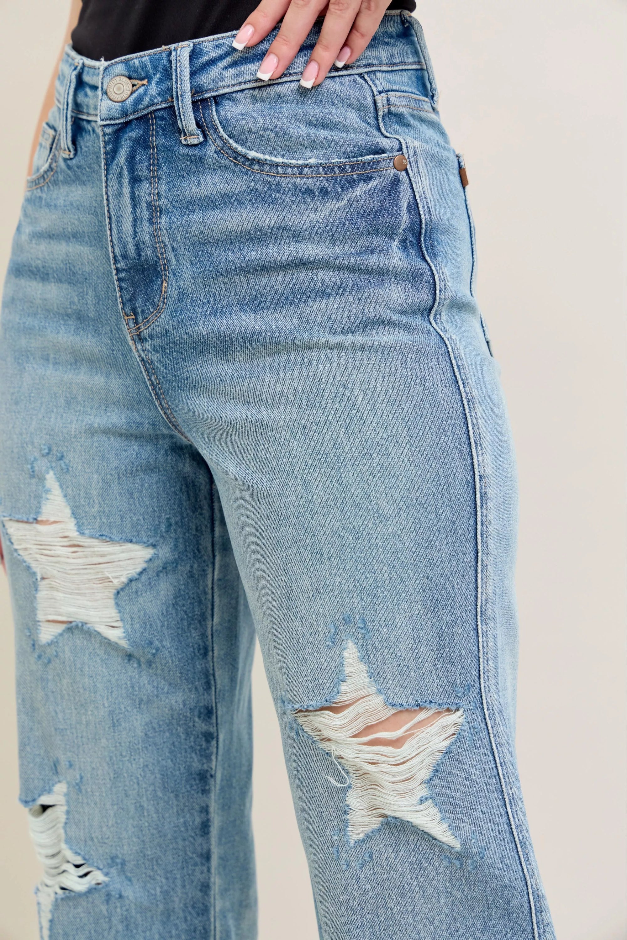 Judy Blue Full Size High Waist Rigid Magic Star Shaped Destroy 90's Straight Jeans Plus Size - Sydney So Sweet