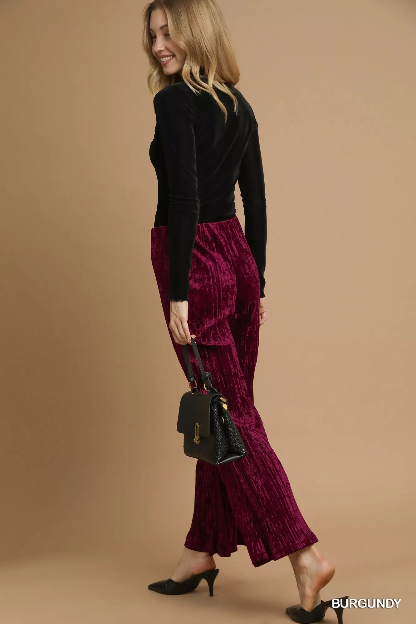 Umgee Velvet Pleated Wide Leg Pants - Sydney So Sweet