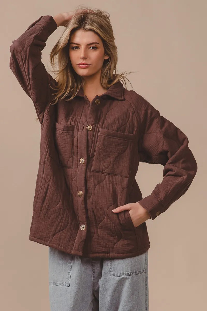 BiBi Quilted Wrinkle Gauze Long Sleeve Shacket - Sydney So Sweet