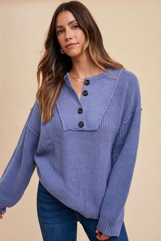 Annie Wear Half Button Ribbed Hem Sweater - Sydney So Sweet