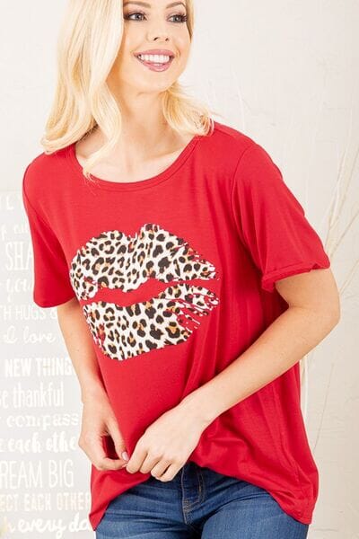 Heimish Full Size Leopard Lip Round Neck Short Sleeve T-Shirt Plus Size - Sydney So Sweet