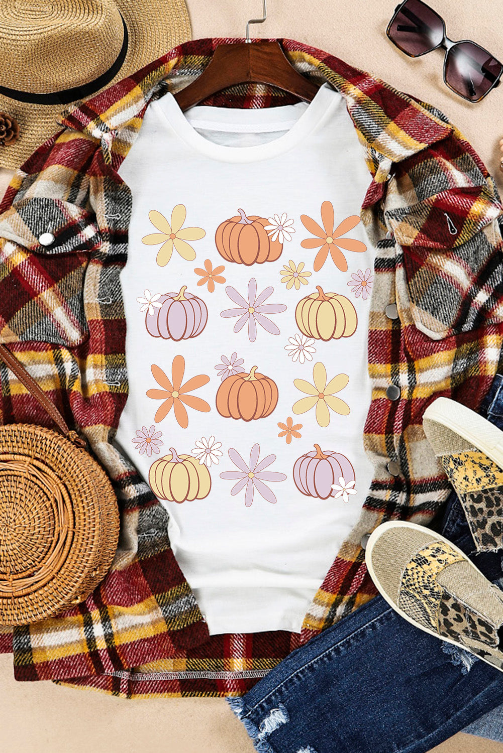 Pumpkin & Flower Round Neck Short Sleeve T-Shirt - Sydney So Sweet