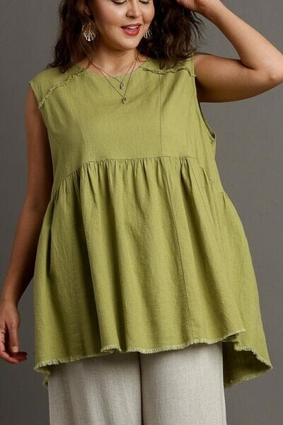 Umgee Full Size Raw Hem Linen Round Neck Sleeveless Top Plus Size - Sydney So Sweet