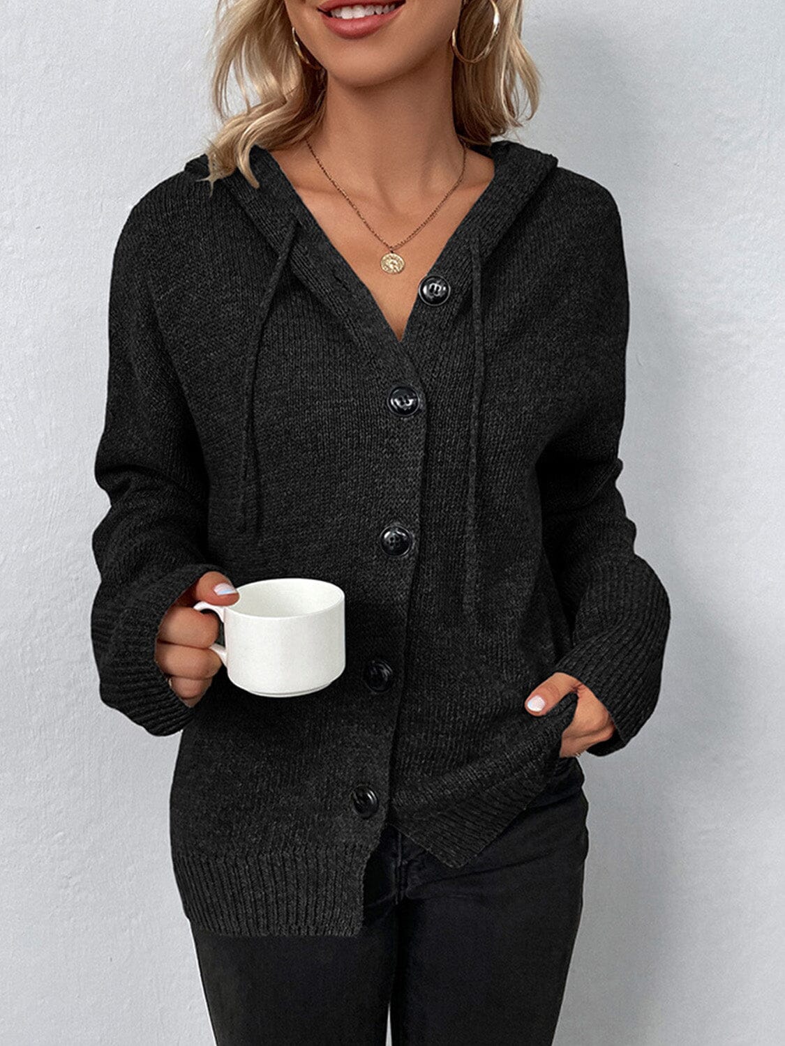 Drawstring Button Up Hooded Cardigan - Sydney So Sweet