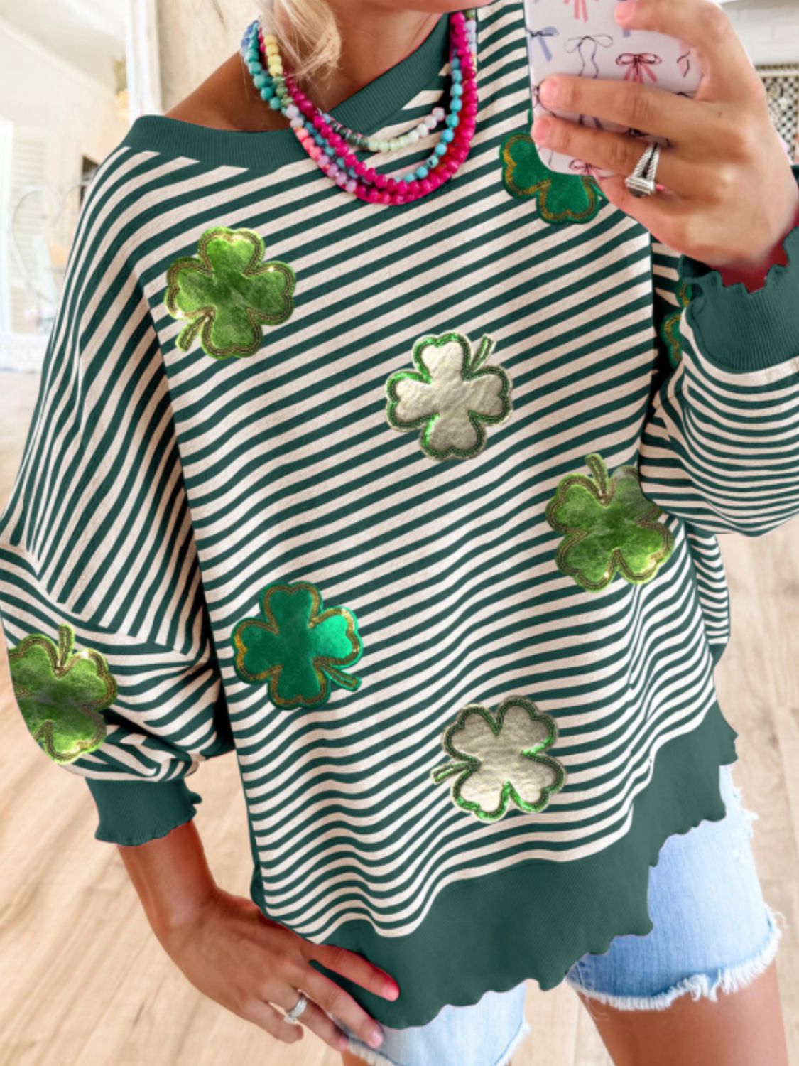 Stripe Lucky Clover Drop Shoulder Sweatshirt - Sydney So Sweet