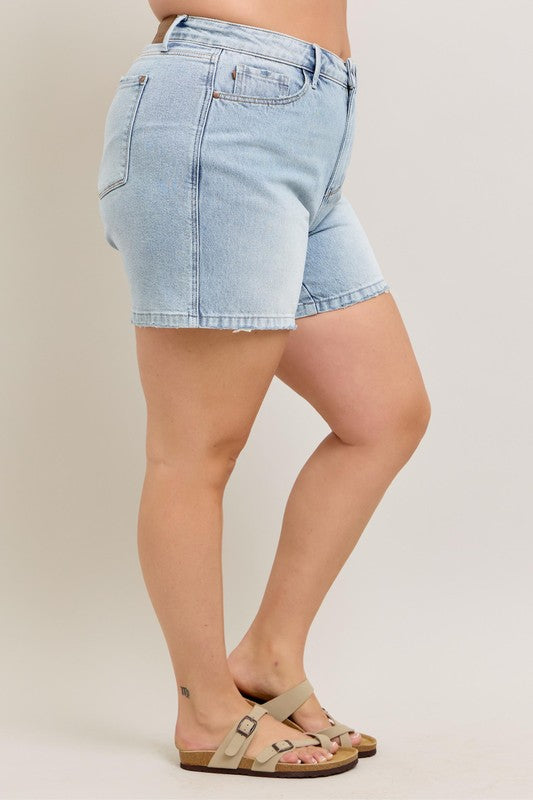 Judy Blue Full Size Frayed Hem High Rise Denim Shorts with Pockets Plus Size - Sydney So Sweet