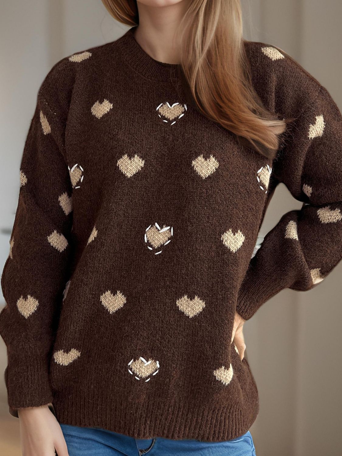 Heart Round Neck Long Sleeve Sweater - Sydney So Sweet