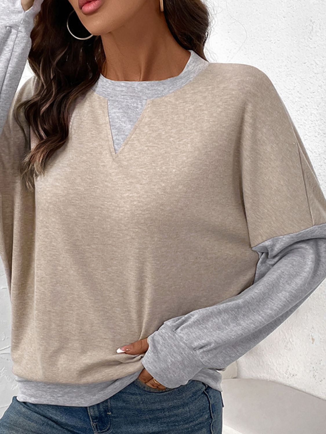 Perfee Contrast Round Neck Long Sleeve T-Shirt - Sydney So Sweet