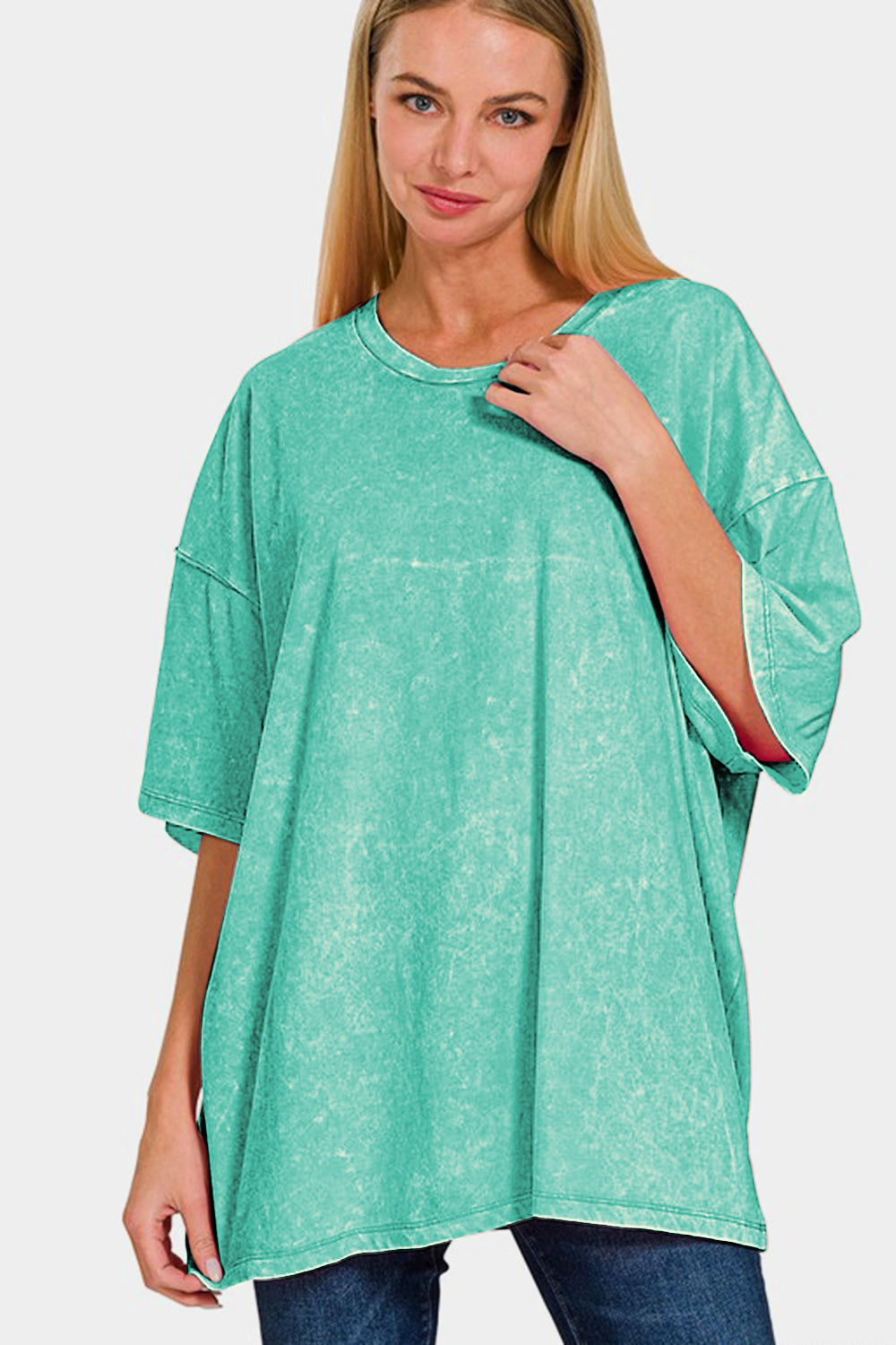 Zenana Full Size Washed Round Neck Drop Shoulder Oversized T-Shirt - Sydney So Sweet