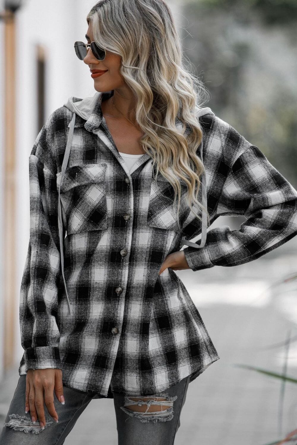 Drawstring Plaid Long Sleeve Hooded Shacket - Sydney So Sweet