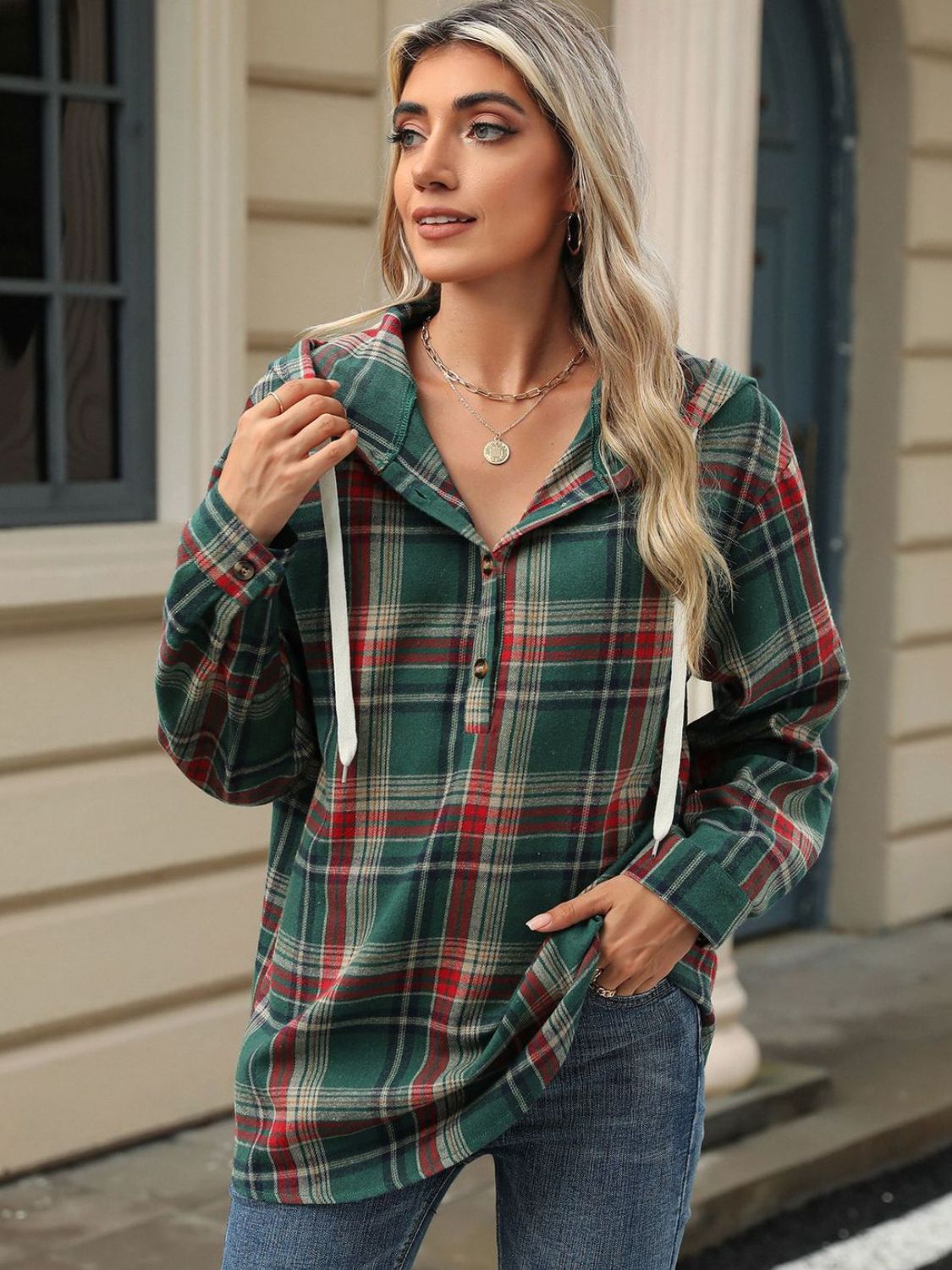 Drawstring Plaid Hooded Long Sleeve Top - Sydney So Sweet