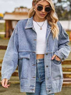 Dropped Shoulder Denim Jacket with Pockets - Sydney So Sweet