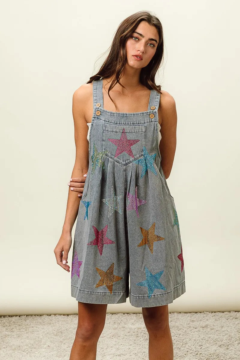 BiBi Star Rhinestone Washed Wide Leg Shortalls - Sydney So Sweet