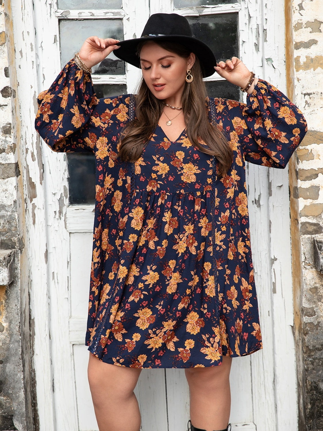 Plus Size Floral V-Neck Balloon Sleeve Dress - Sydney So Sweet