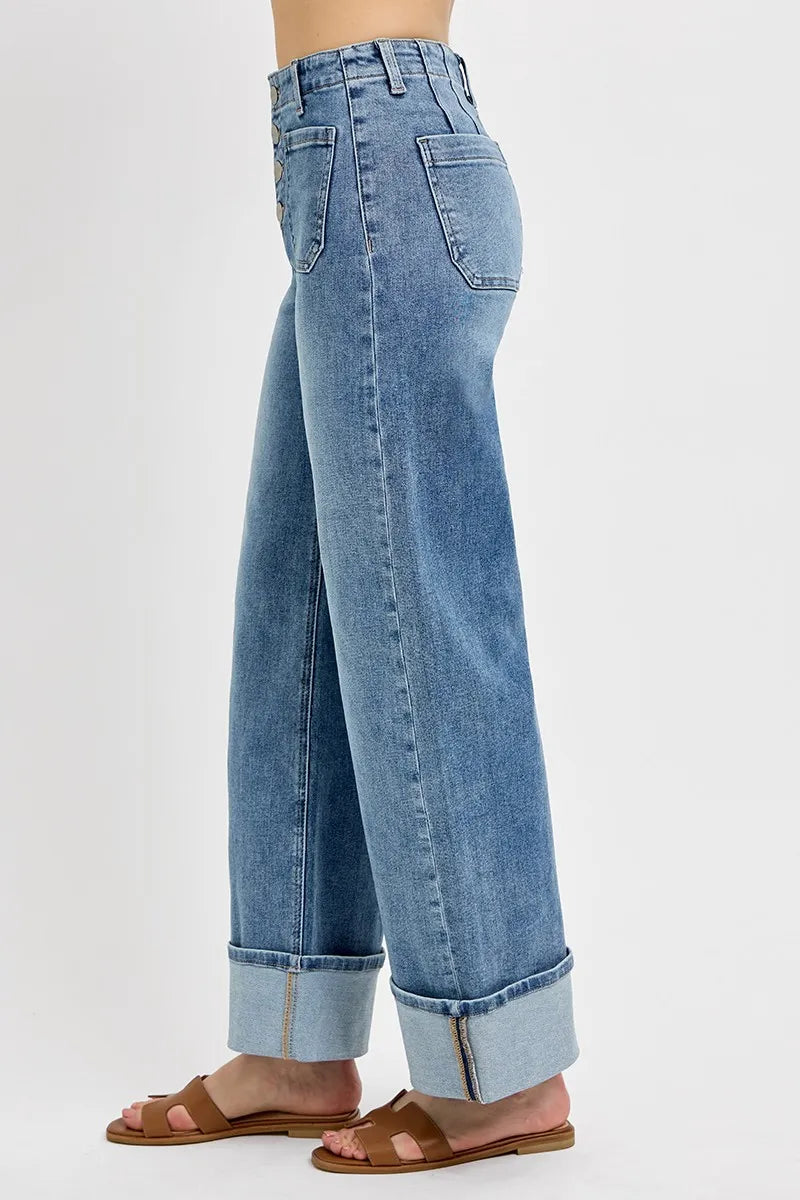 RISEN High Rise Ankle Wide Button Patch Pocket Cuffed Jeans - Sydney So Sweet