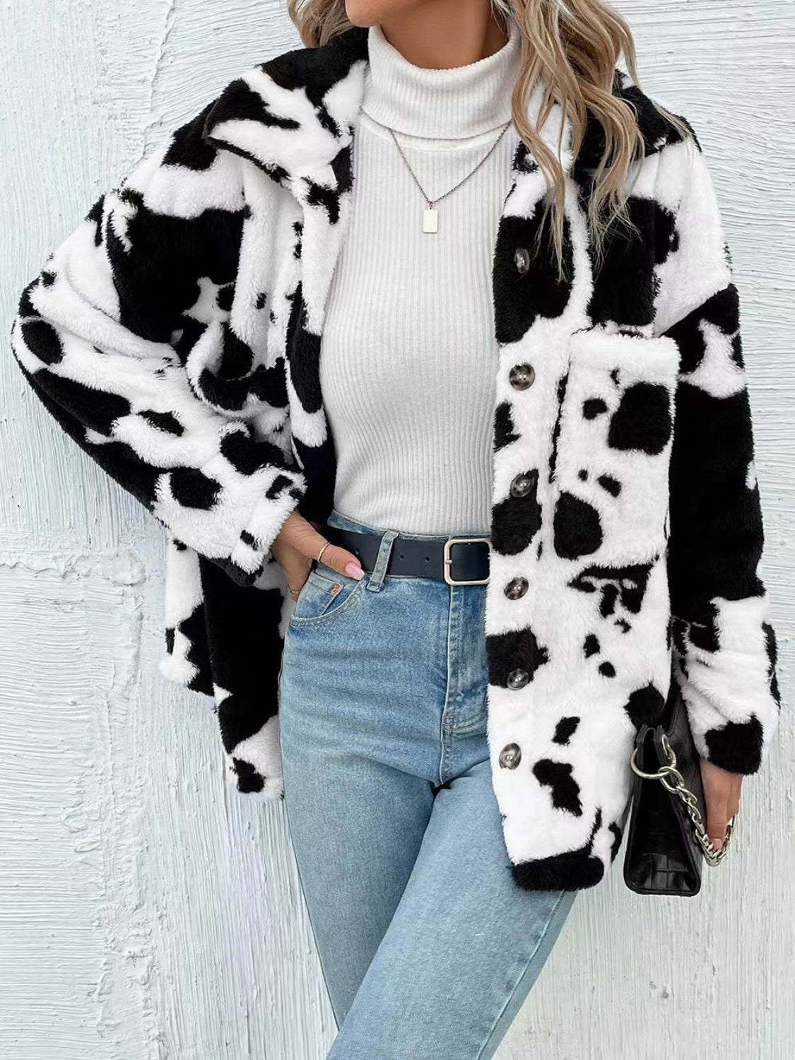 Cow Print Collared Neck Button Up Fuzzy Jacket - Sydney So Sweet