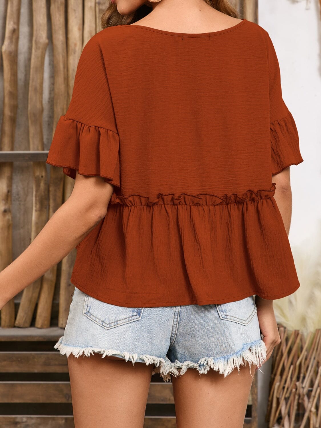 Frill Decorative Button Round Neck Half Sleeve Blouse - Sydney So Sweet