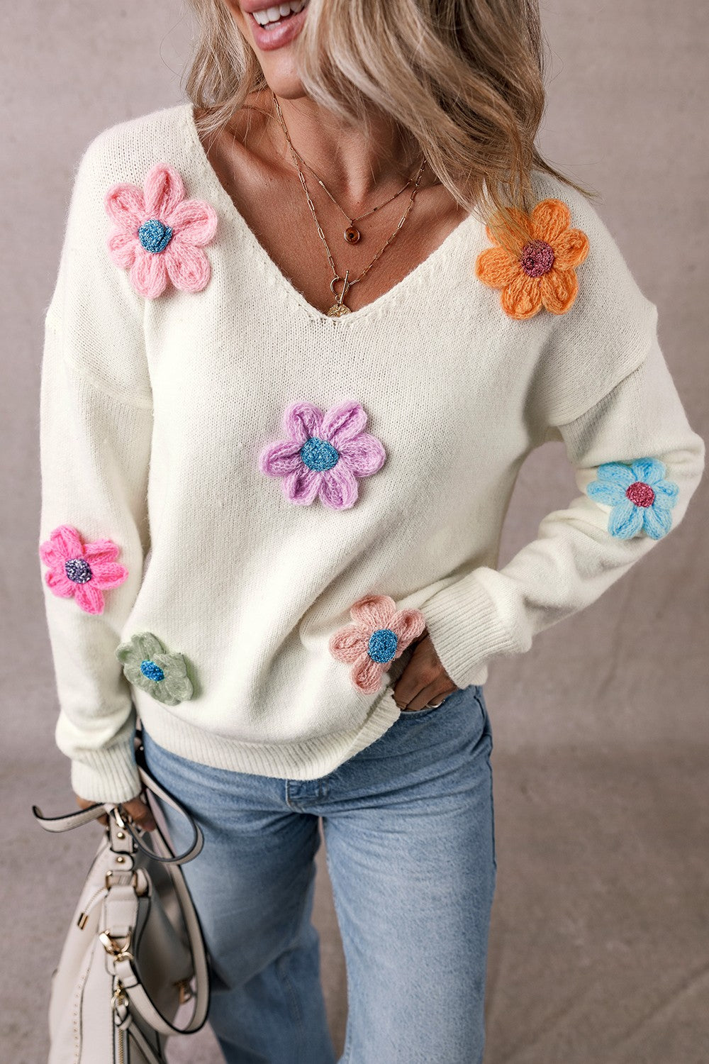 Crochet Flower V-Neck Long Sleeve Sweater - Sydney So Sweet