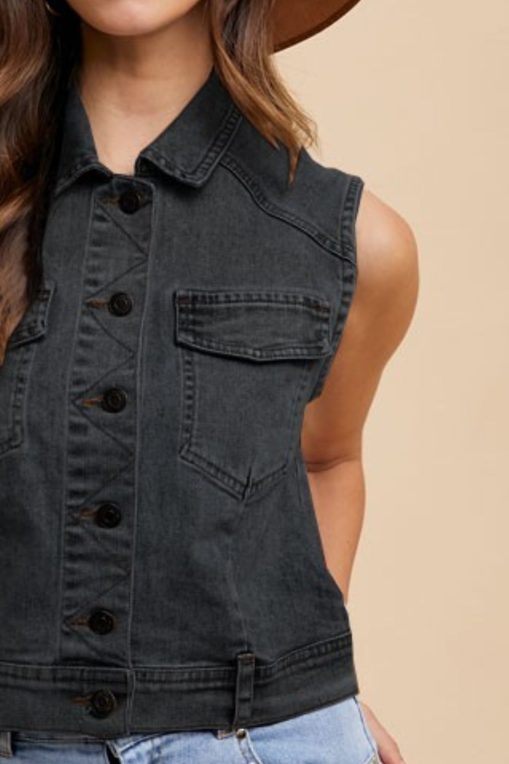 Annie Wear Collared Neck Button Down Denim Vest - Sydney So Sweet