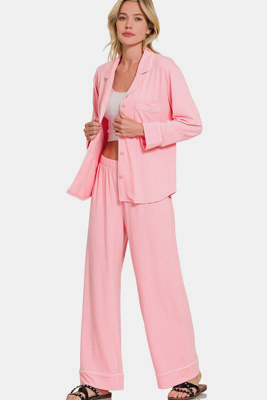 Zenana Button Down Long Sleeve Top and Pants Lounge Set - Sydney So Sweet