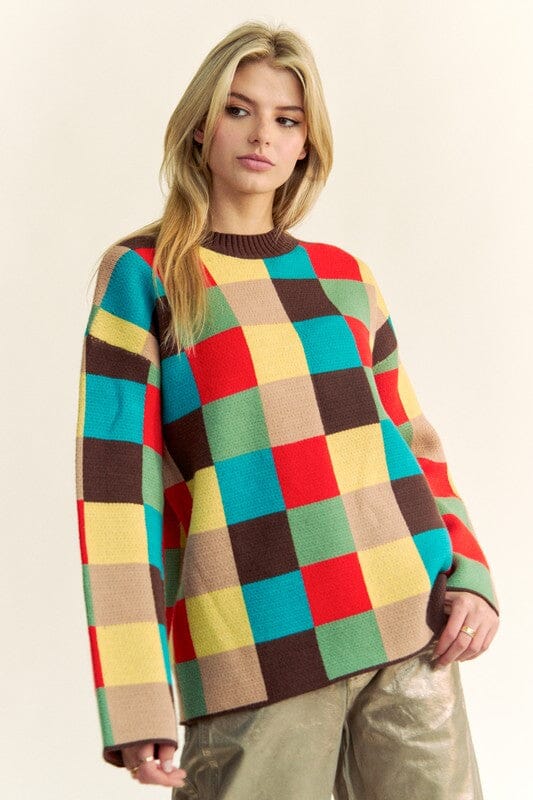 Davi & Dani Color Block Checkered Dropped Shoulder Sweater - Sydney So Sweet